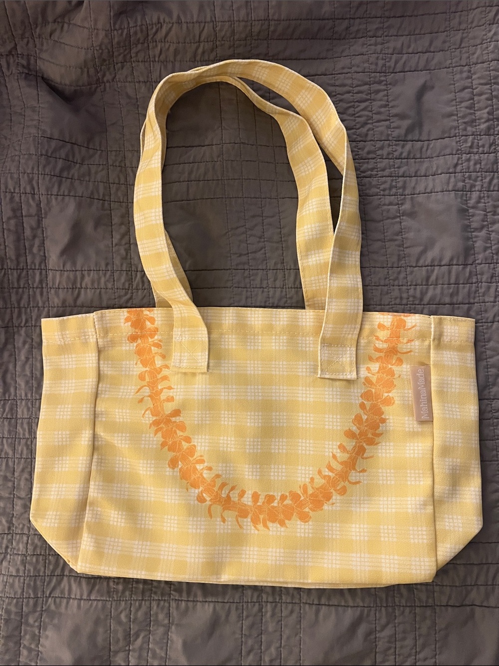 NEW MahinaMade yellow palaka with yellow Puakenikeni lei canvas tote